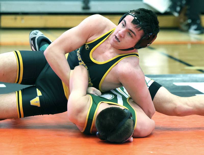 Metea Valley’s Tyler Funk controls Waubonsie Valley’s Dominic Guzman in their 182 pound preliminary match Friday, Jan. 20, 2023, during the DuPage Valley Conference wrestling tournament at DeKalb High School.