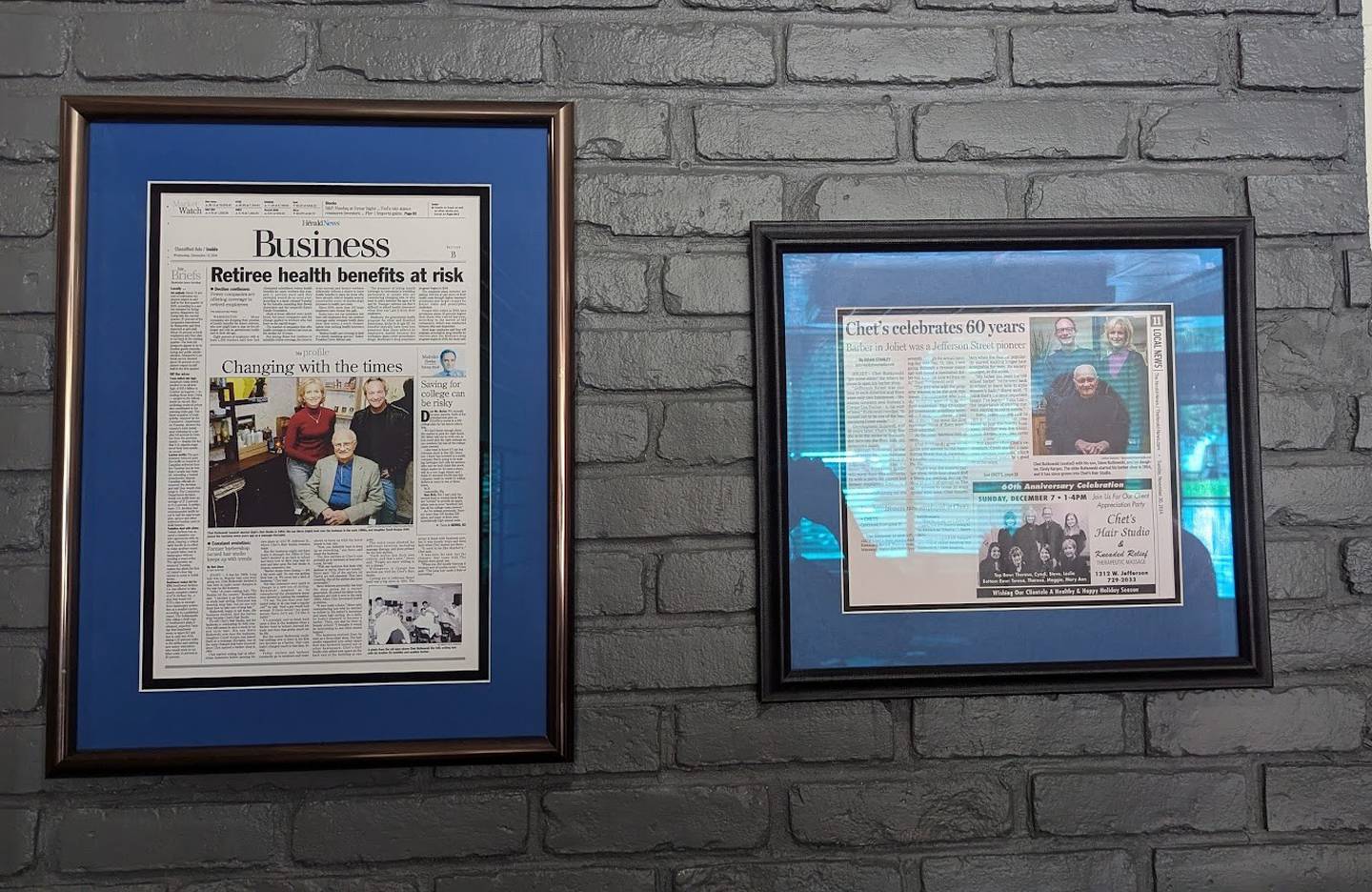 Herald-News stories commemorating Chet's Hair Studio's 50th and 60th anniversaries are seen inside the studio on Wednesday, May 28, 2025, in Joliet.