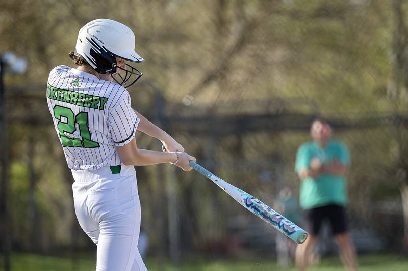 Rock Falls’ Madisyn Eikenberry drives the ball deep but for an out against Oregon Wednesday, April 22, 2026.