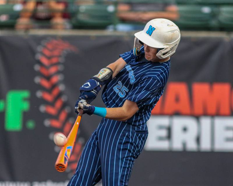 Nazareth's Landon Thome (25) squares up a pitch during Class 3A Crestwood Supersectional game between Lindblom at Nazareth.  June 5, 2023.