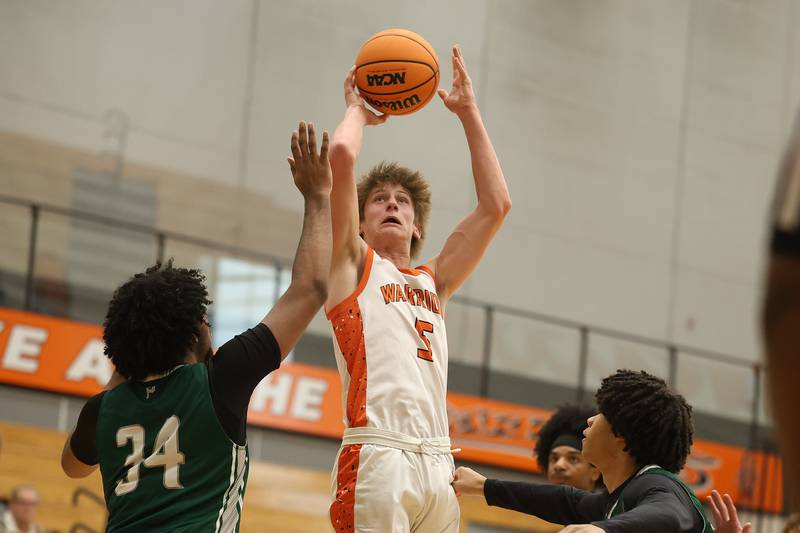 Lincoln-Way West’s Luke Gouty takes a shot against Plainfield Central on Saturday, Jan 3, 2026 in New Lenox.