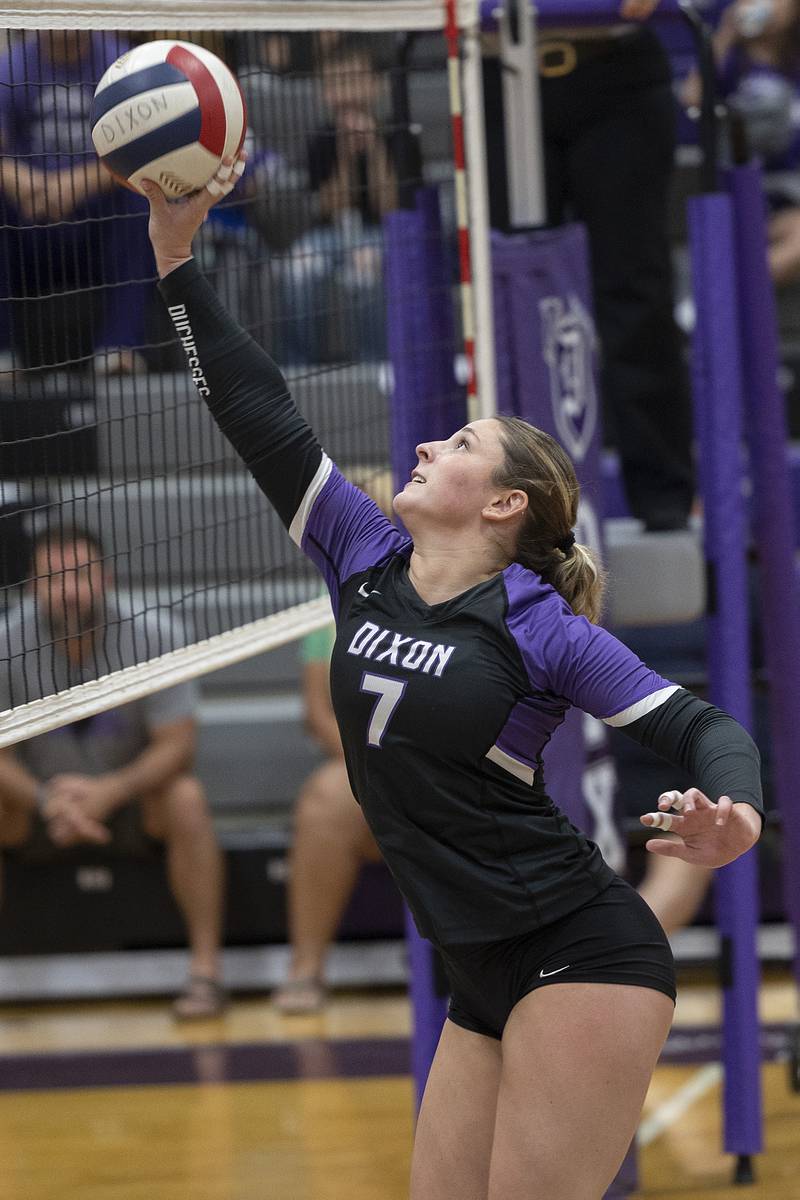 Dixon’s Presley Lappin works the ball over the net against LaSalle-Peru Wednesday, Sept. 10, 2025.