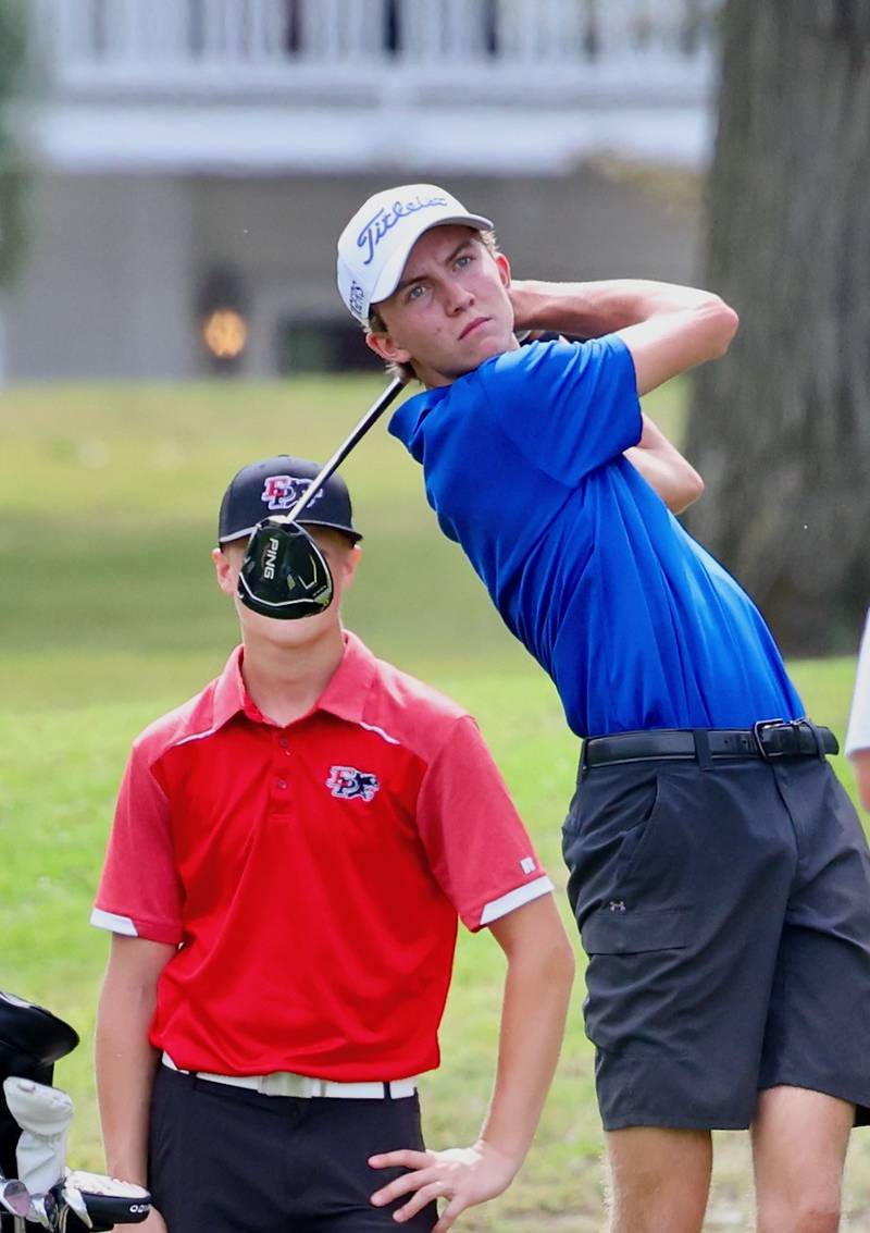 Princeton's Jackson Mason watches his tee shot during the Three Rivers Conference Tournament on Tuesday, Sept. 23, 2025 at Chapel Hill Golf Course in Princeton.