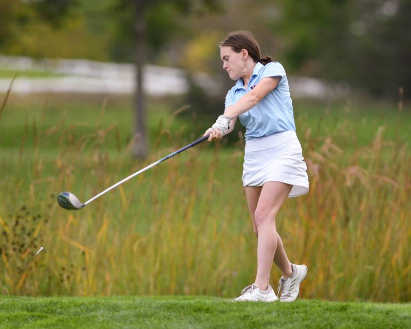 West Aurora's Ellie Rogowski tees off  during Class 3A Plainfield North Regional girls golf tourament on Thursday Sept. 28, 2023 at Whitetail Ridge in Yorkville.