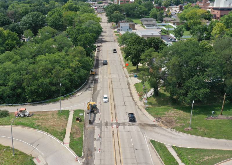 An aerial view of the construction project near the U.S. 6 and Illinois 251 interchange on Wednesday,  July 31, 2024 in Peru. The long-term project is in full swing involving road patching, milling and resurfacing U.S. Route 6 from La Salle to Peru. In addition to roadwork, crews are rebuilding sidewalk ramps, drainage repairs, signal improvements and install raised reflectors. The 6.4 million project is expected to be fully completed by the end of summer 2025. Motorists are advised to use caution and be aware of traffic signals through the construction zones, which may cause increased wait times.