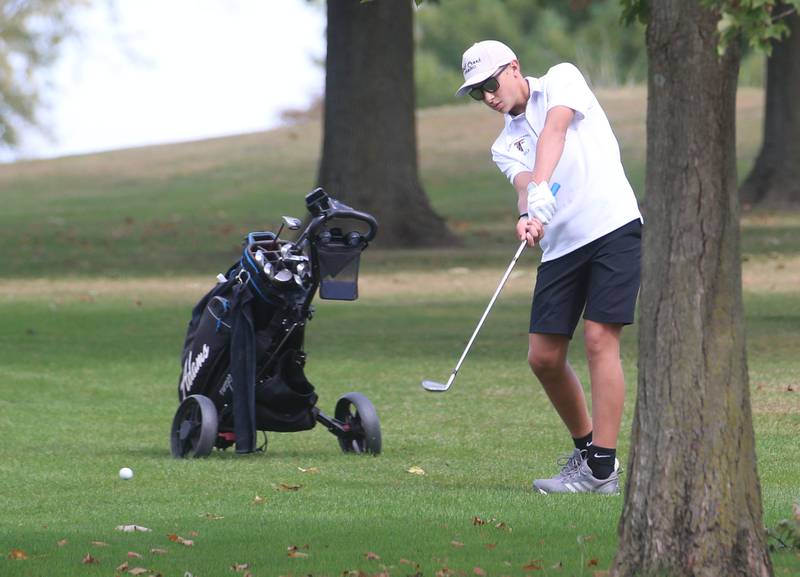 Flanagan's Dylan Carls hits toward the 5th hole during the Class 1A Regionals on Wednesday, Oct. 1, 2025 at Deer Park Golf Club in Oglesby.