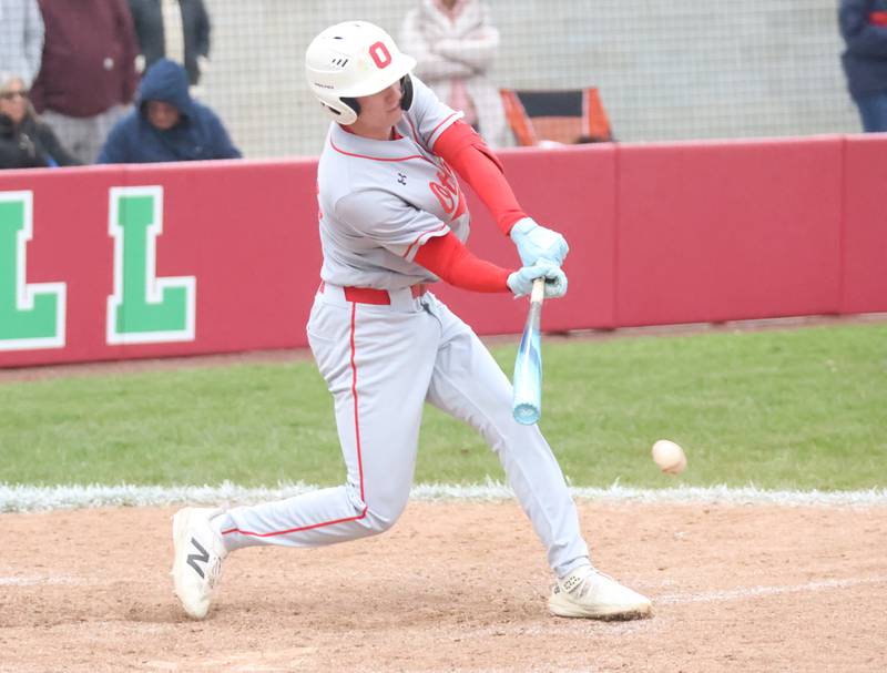 Ottawa's Dane Schmitz gets a hit against L-P on Thursday, April 30, 2026 at Huby Sarver Field in the L-P Athletic Complex in La Salle.