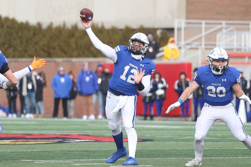 Geneva’s Anthony Chahino passes against East St. Louis in the Class 6A state championship on Saturday, Nov. 30, 2024 in Normal.