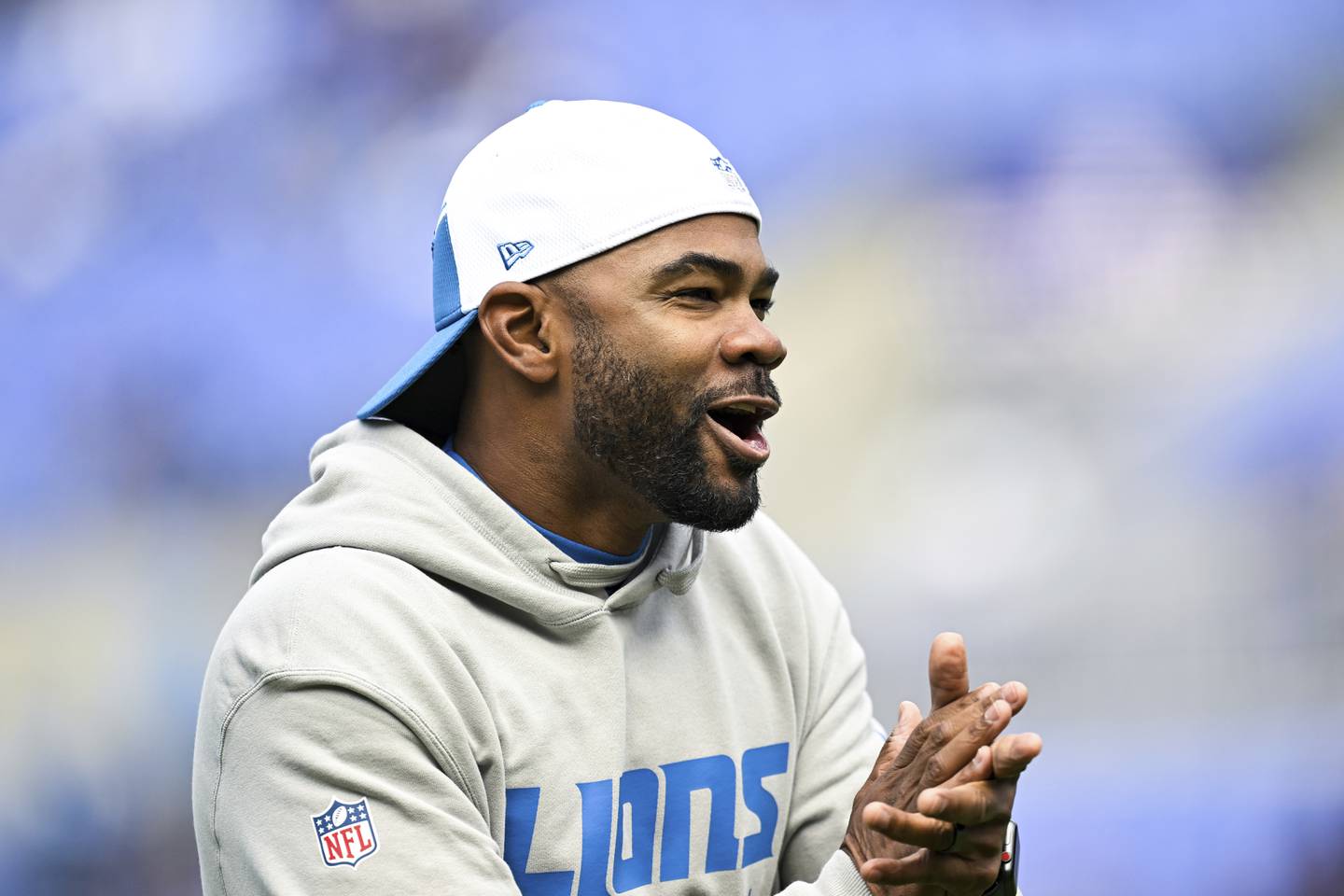 Detroit Lions wide receivers coach Antwaan Randle El looks on during pre-game warm-ups before an NFL football game against the Baltimore Ravens, Sunday, Oct. 22, 2023, in Baltimore. (AP Photo/Terrance Williams)