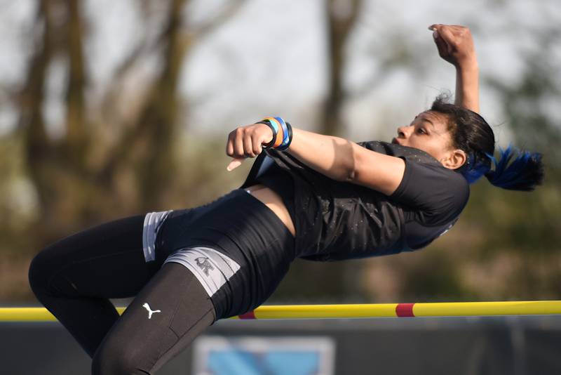Kankakee's TaLeah Turner takes off in the high jump at the All-City track and field meet at Kankakee Monday, April 28, 2025.