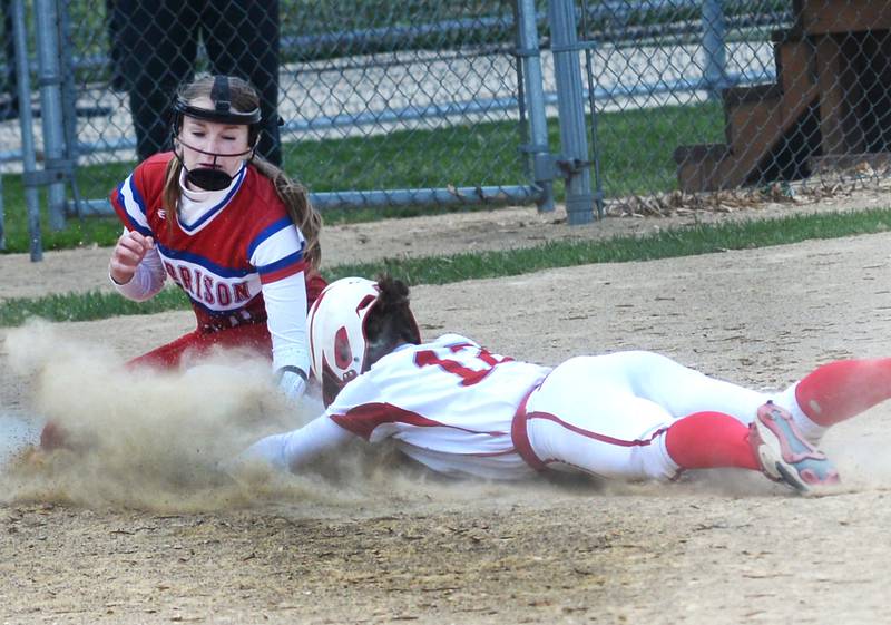 Morrison's Ava Duncan reaches to tag Oregon's Ella Dannhorn as she steals third on Saturday, May 17, 2025 at Oregon Park West.