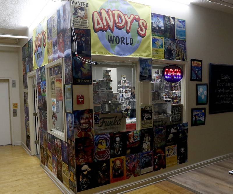 Andy’s World on Wednesday, Feb. 5, 2025, inside the Woodstock Square Mall. The store sells Funkos, charms for  CR0CS, metal pins, and posters.