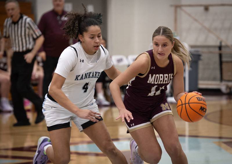 Morris's Alyssa Jepson, right, controls the ball as Kankakee's Malea Harrison, left, guards in a game on Tuesday, January 27, 2026.