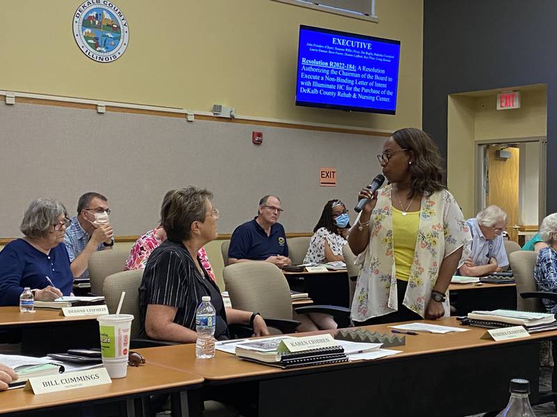 Board Member Rukisha Crawford, who represents DeKalb in District 6, speaks to her fellow DeKalb County Board members on Wednesday, June 15, 2022. Crawford said she would vote no on a proposed sale of the struggling DeKalb County Rehabilitation and Nursing Center and lead a motion to postpone the vote amid news that a second offer had been made to purchase the home.