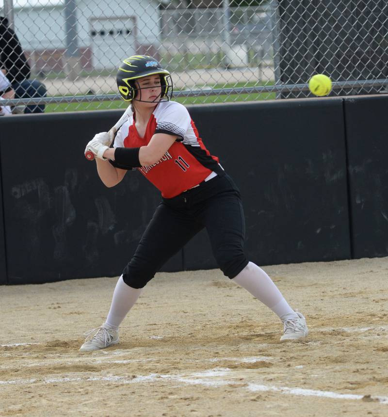 Forreston Bailey Sterling focuses on a pitch during a Thursday, May 2, 2024 game with Polo at Forreston High School.