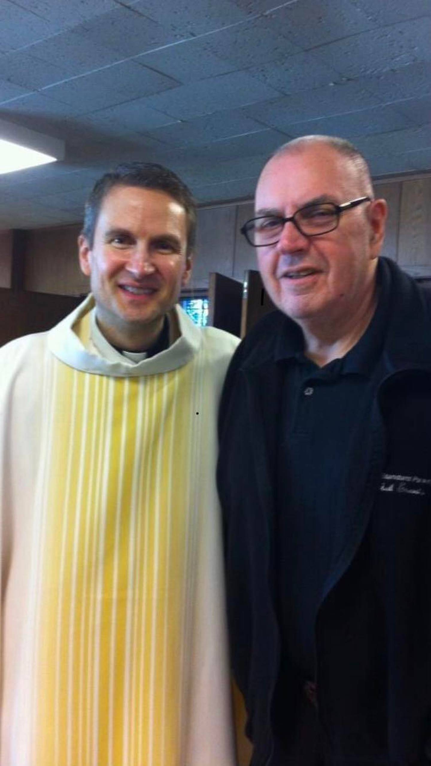 Most Rev. Ronald Hicks, bishop of the Diocese of Joliet, is seen with his former teacher, Richard Jaworowksi of Indiana.