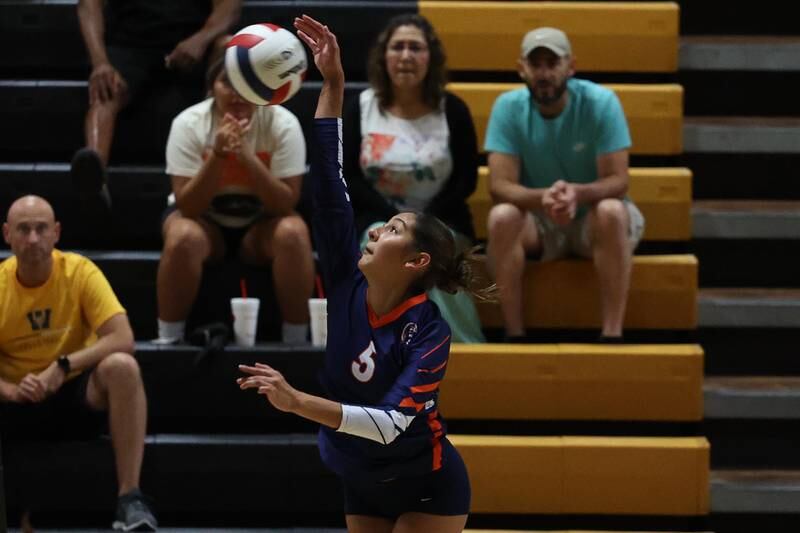 Romeoville’s Gabriela Villanueva powers a shot against Joliet West on Thursday, Sept. 5, 2024 in Joliet.