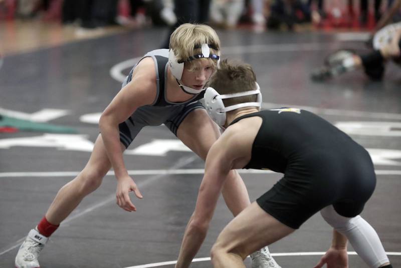 Fremd's Wiley Jessup wrestles Belvidere's Brayden Tuenissen at 106-pounds during the IHSA 3A Individual Sectional wrestling meet at Barrington High School Saturday February 12, 2022.