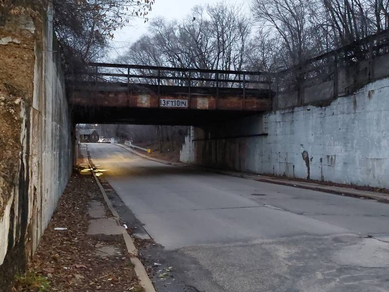 A railroad overpass in Streator has a clearance of 13 feet, 10 inches.