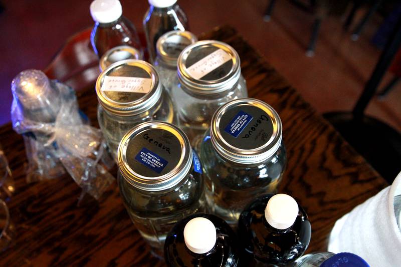 Water samples ready to be judged in a blind taste test on Thursday, Dec. 19, 2024 during the annual Kane County Water Association's annual water tasting contest at Global Brew in St. Charles.