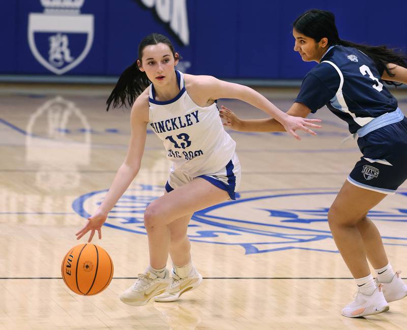 Hinckley-Big Rock's Mia Cotton drives by Illinois Math and Science Academy's Oishani Dey during their game Thursday, Jan. 8, 2025, at Hinckley-Big Rock High School.