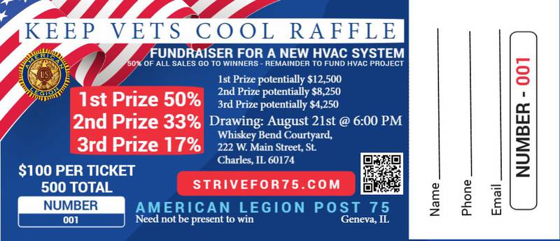 The Fox River Geneva American Legion Post 75 is selling 500 Keep Vets Cool Raffle tickets for $100 each, hoping to raise enough money to pay for a new HVAC.
