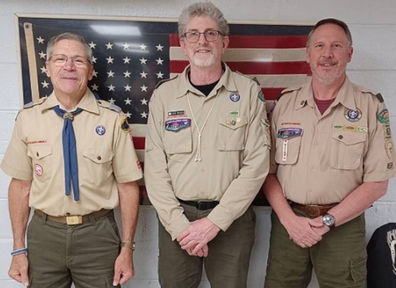 Pictured from left, scout leaders Steven Hochstetler, Steven Wesseln and Mark Brakeal were awarded the District Award of Merit.