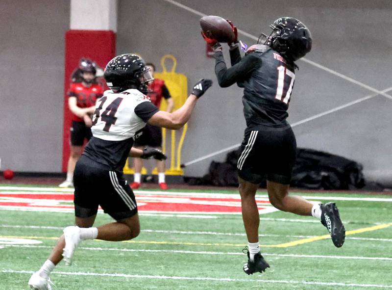 Northern Illinois wide receiver Jamari McIvory tries to make a catch as cornerback Ryan Williams provides the coverage during the first spring football practice Thursday, March 27, 2025, in the Chessick Practice Center at NIU in DeKalb.