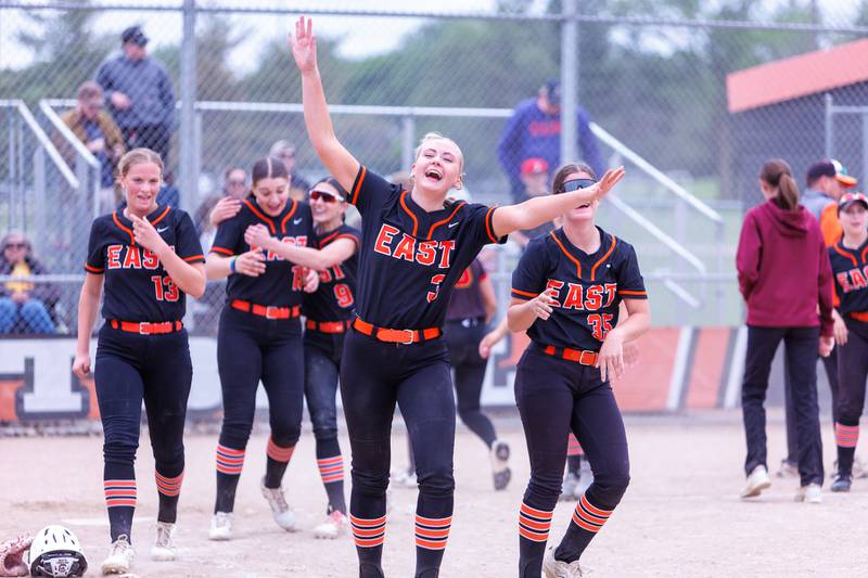 St. Charles East celebrates the win over Schaumburg at the Class 4A St. Charles East Regional Final on Friday, May 22,2026 in St. Charles.