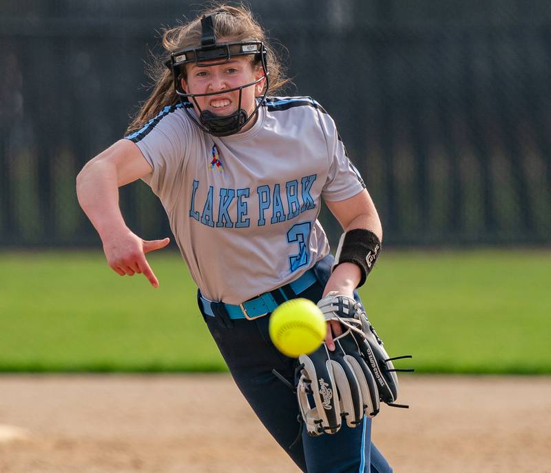 Lake Park's Mia Savage (3) delivers a pitch against St. Charles North during a softball game at St. Charles North High School on Wednesday, May 11, 2022.