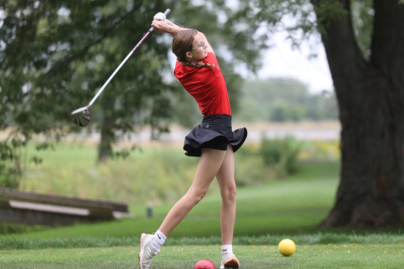 Lasalle’s Delani Duggan drives off hole 1 in the Class 2A Bradley Regionals at the Green Garden Country Club in Frankfort on Thursday, Sept. 28, 2023.