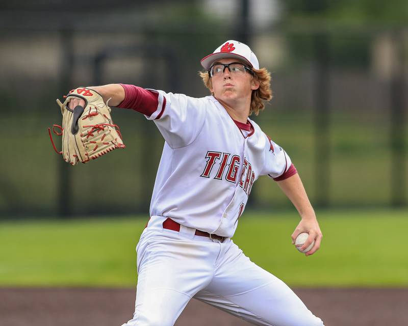 Plainfield North's Colin Pomatto (1) delivers a pitch during the Class 4A Romeoville Sectional final game between Plainfield North at Oswego.  June 4, 2022.