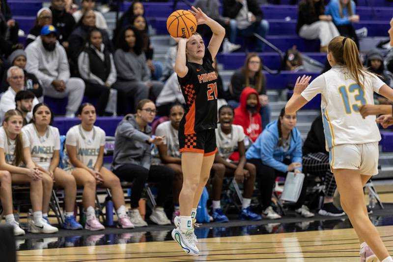 Minooka's Sadie Wedd takes a shot during a WJOL Girls Basketball Tournament game against Joliet Catholic at Joliet Junior College on Nov. 17, 2025.
