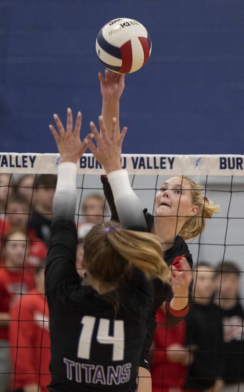 Erie-Prophetstown’s Lauren Abbott works the net against El Paso-Gridley’s Addi Hale Thursday, Nov. 7, 2024, during the class 2A volleyball sectional championship at Bureau Valley High School.