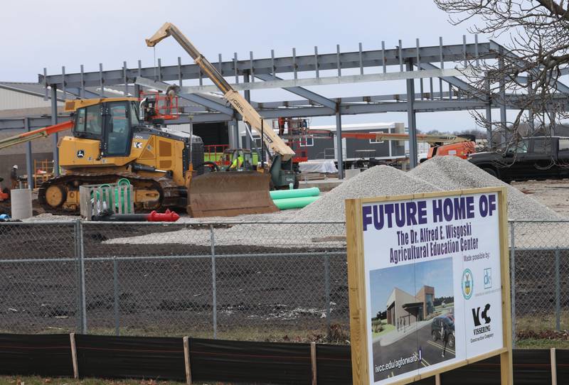 Crews build the exterior shell of the Dr. Alfred E. Wisgoski Agricultural Education Center on Tuesday, Jan. 13, 2026 on the Campus of Illinios Valley Community College in Oglesby. Last August, IVCC officially broke ground on the $7.6 million Dr. Alfred E. Wisgoski Agricultural Education Center. The 10,250-square-foot facility is expected to open in 2027. The project is supported by a $3.5 million grant from the U.S. Department of Economic Development Administration, a $240,000 grant from the Illinois Department of Commerce and Economic Opportunity and a $1 million gift from the Wisgoski family.
