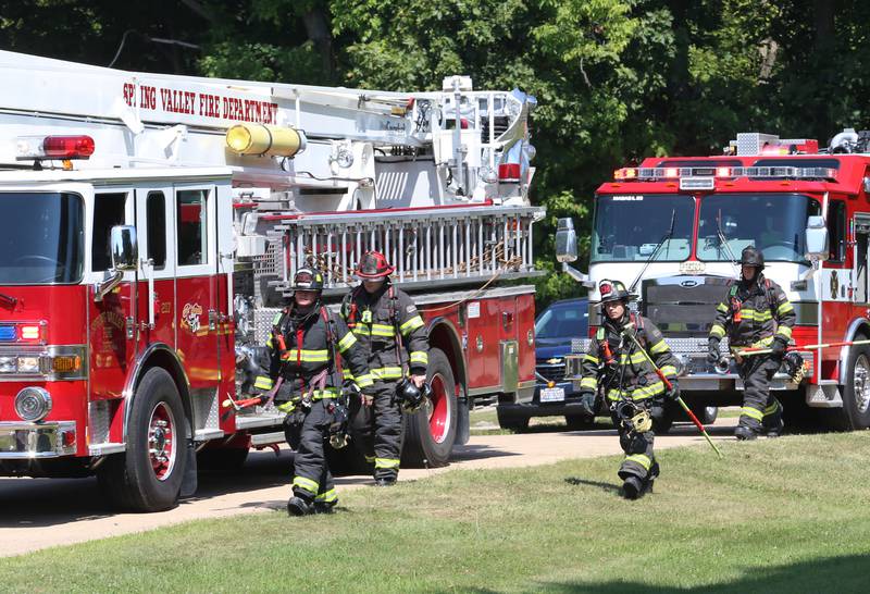Peru firefighters arrive on the scene to a house fire at the 600 block of Celebration Dr. on Monday, Aug. 28, 2023 in Princeton.