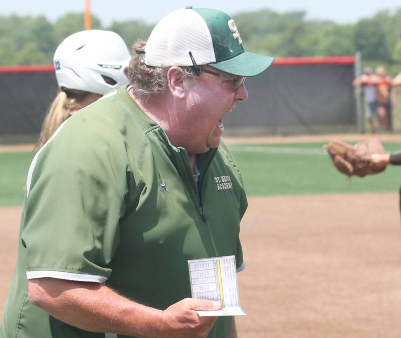 St. Bede head coach Shawn Sons reacts after defeating Illini Bluffs in the Class 1A State championship game on Saturday, June 3, 2023 at the Louisville Slugger Sports Complex in Peoria.