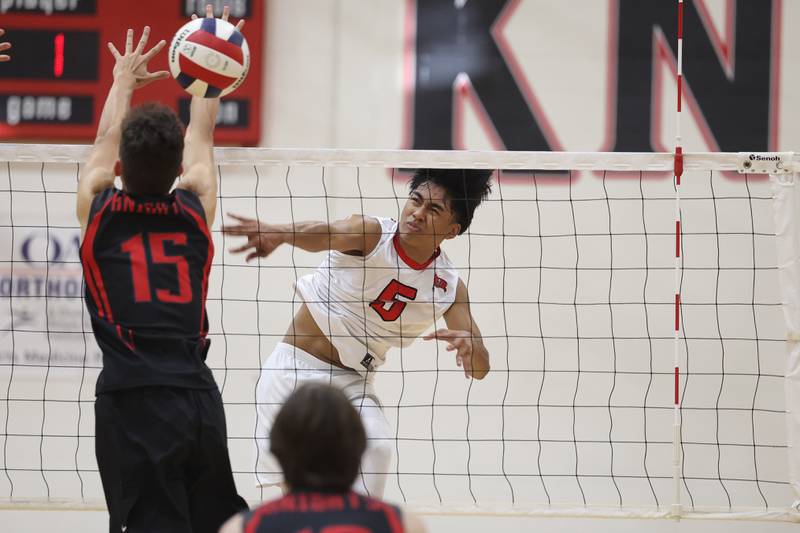 Bolingbrook’s Tristan Caminar powers a shot against Lincoln-Way Central on Tuesday May 7, 2024 in New Lenox.