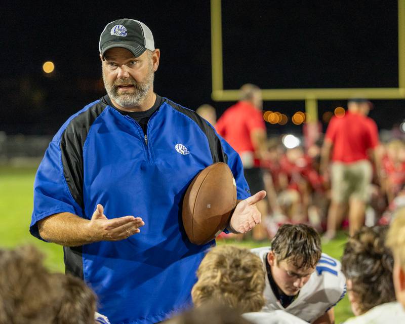 Princeton Head Coach Ryan Pearson talks with team after win on Friday, Oct. 3, 2025 at Richard Nesti Stadium in Spring Valley.