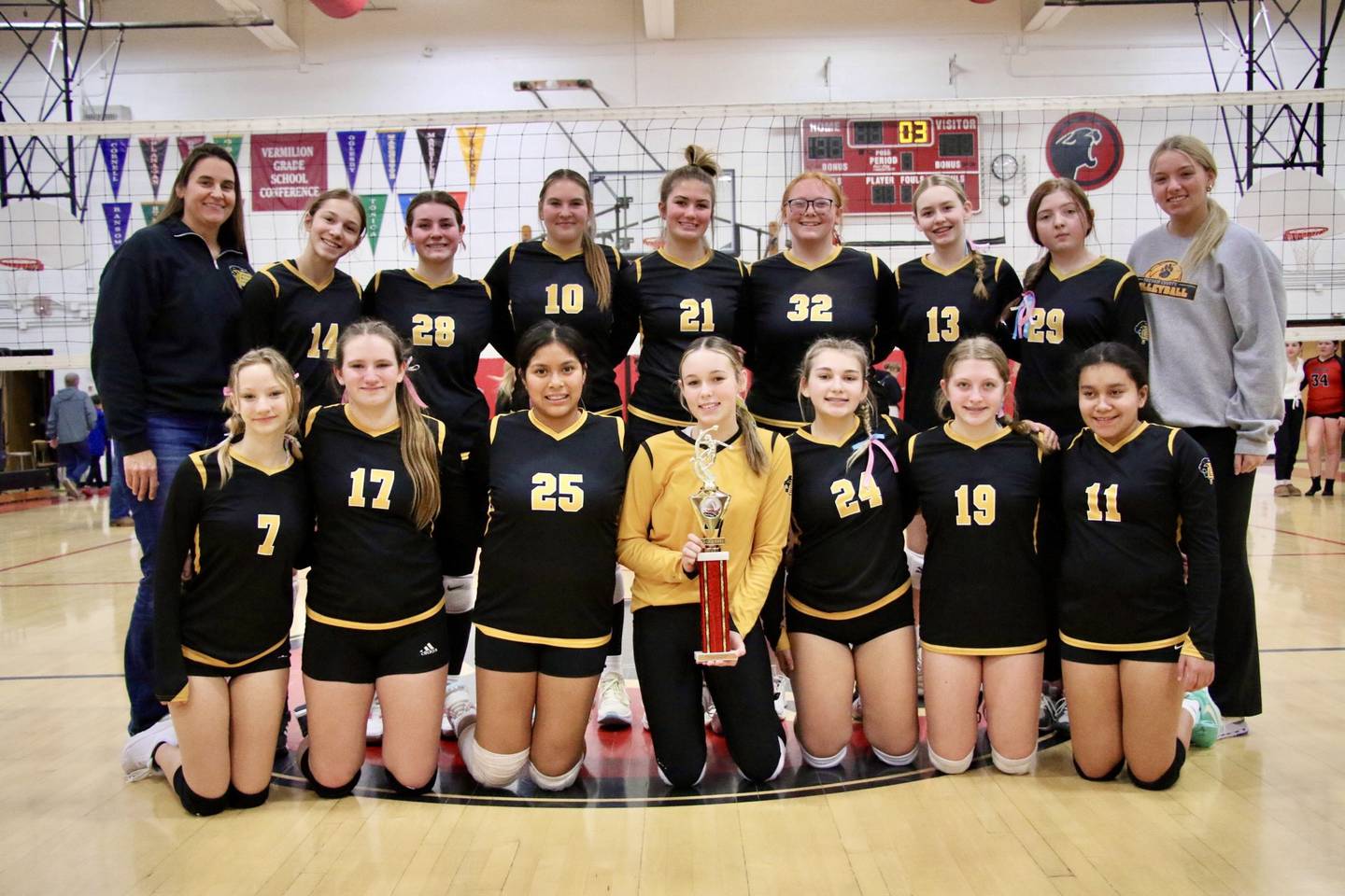 The Putnam County Junior High 8th grade girls volleyball team took first place in the Jan Dale Marseilles Tournament on Saturday, Feb. 3 winning over Ottawa Wallace Milton Pope and Seneca in the championship. Team members are (front row, from left) Diana Elly, Mya Barajas, Britney Rinidad, Jaycee Dickey, Tinley Sistek, Eden Carlson and Naty Villagomez; (and back row) Coach Shannon Jenkins, Hannah Heighberger, Kennedy Holocker, Myah Richardson, Finley Rue, Samantha Marciniak, Avery Grasser, Illiana Luke  and assistant coach Tori Balma.