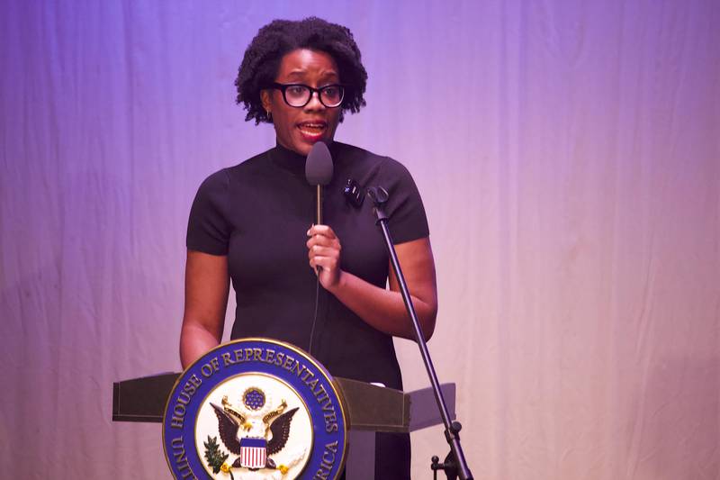 U.S. Rep. Lauren Underwood, D-Naperville, speaks at a town hall on Tuesday, Aug. 5, 2025, at the Billie Limacher Bicentennial Park in Joliet.