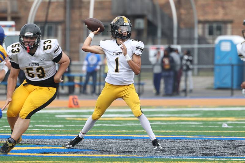 Joliet West’s Antonio Brooks passes against Joliet Central on Saturday, Sept. 28, 2024 in Joliet.