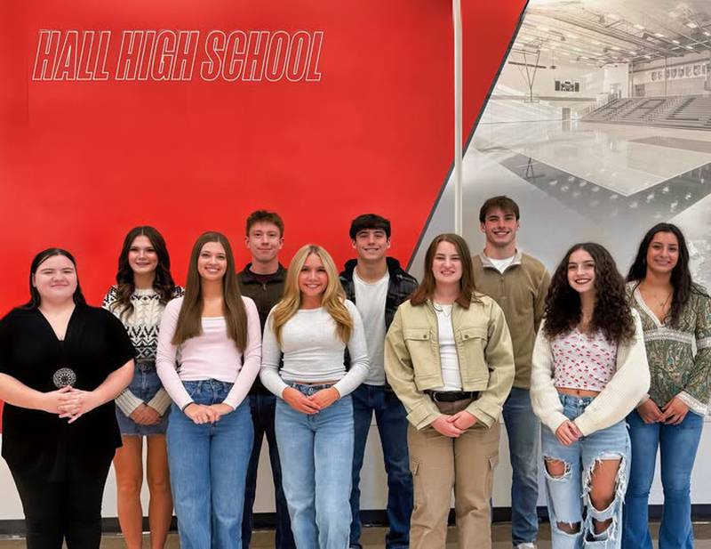 Hall High School's 2025 IL State Scholars are Ella Sartain, Chris Hollenbeck, Jack Curran, Braden Curran, Natalia Zamora, Alexis Garncarz, Katharine Doll, Charlie Pellegrini, Sydney Mautino and Ava Talbot.