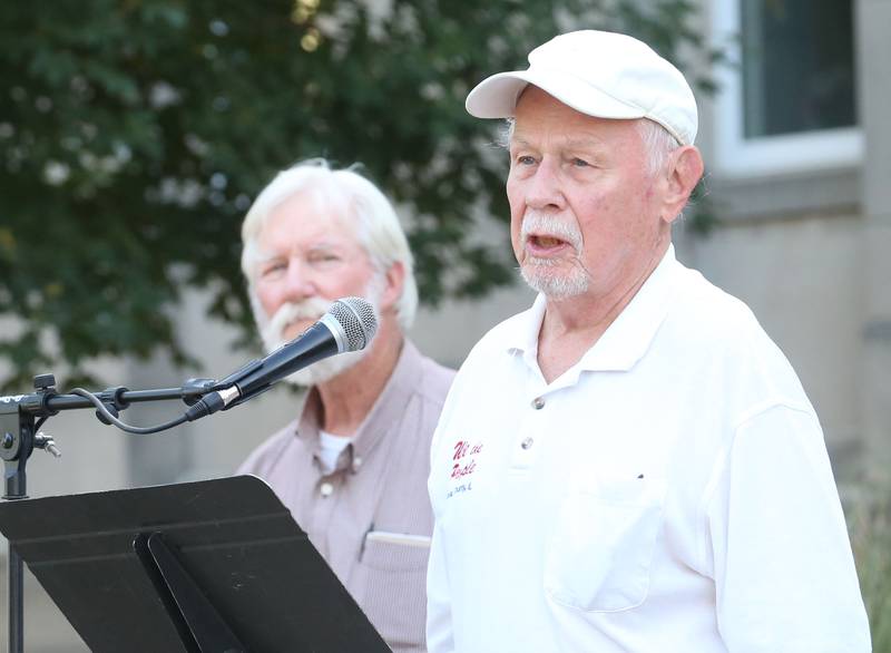 Bob Baker speaks during a vigil for Charlie Kirk on the front steps of the Bureau County Courthouse on Monday, Sept. 15, 2025 in Princeton. Around 200 people attended the vigil.