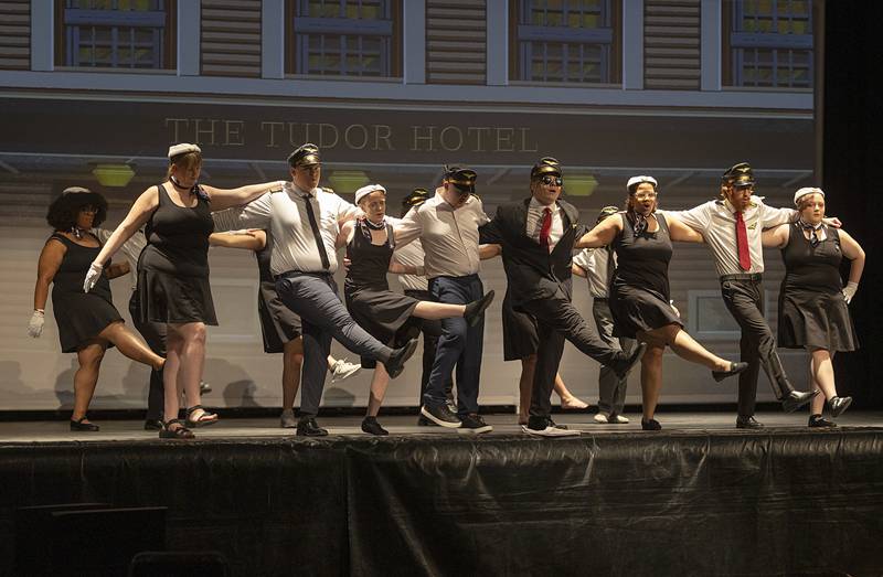 Cast members rehearse a scene Tuesday, May 5, 2026, for Rock Falls High School’s  upcoming performances of “Catch Me If You Can.”