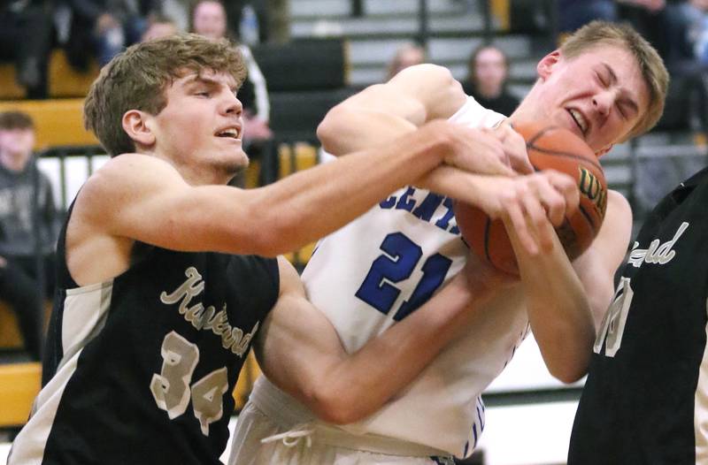 Kaneland's Parker Violett and Burlington Central's Andrew Scharnowski fight for the ball Friday, Feb. 25, 2022, during their Class 3A regional final game at Sycamore High School.