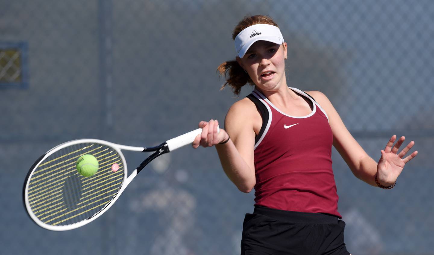 Plainfield North’s Jessica Kovalcik competes in the Class 2A singles championship match during girls state tennis meet in Buffalo Grove Saturday.