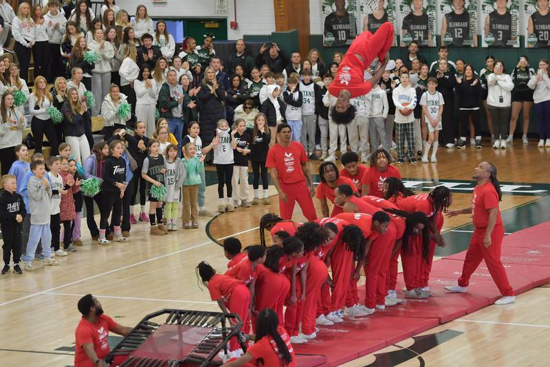 The Jesse White Tumblers performed between games at Glenbard West during Pack the Place night on January 23, 2026 at Glenbard West High School in Glen Ellyn.