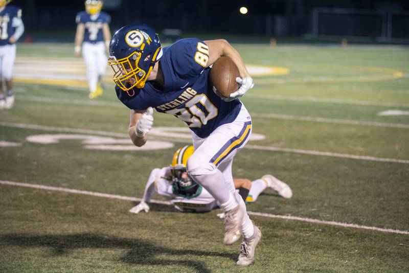 Sterling’s Justin Null picks up yards after a catch Friday, Sept. 23, 2022 against Geneseo.