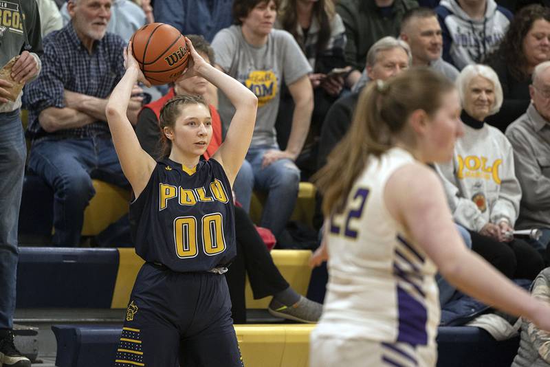 Polo’s Allissa Marschang looks to inbound a ball Tuesday, Feb. 21, 2023 in the sectional semifinal against Orangeville.